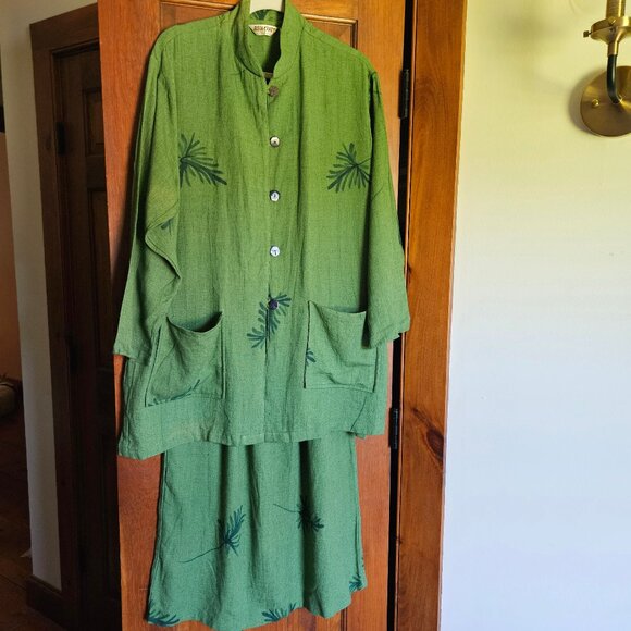 Asiacraft Gently Used Green Linen/Rayon Banded Collar Tunic & Skirt  Sz L - Picture 1 of 9